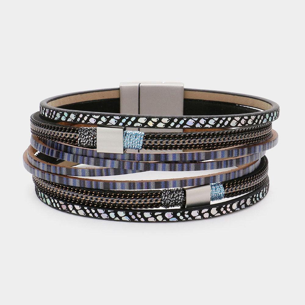 Black Square Metal Pointed Faux Leather Magnetic Bracelet - Jewelry Store by Erik Rayo