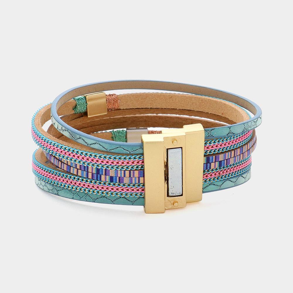 Square Metal Pointed Faux Leather Magnetic Bracelet - Jewelry Store by Erik Rayo