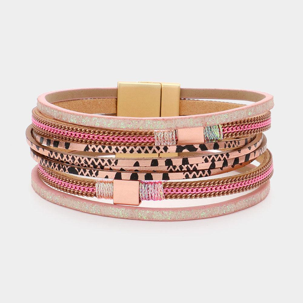 Pink Square Metal Pointed Faux Leather Magnetic Bracelet