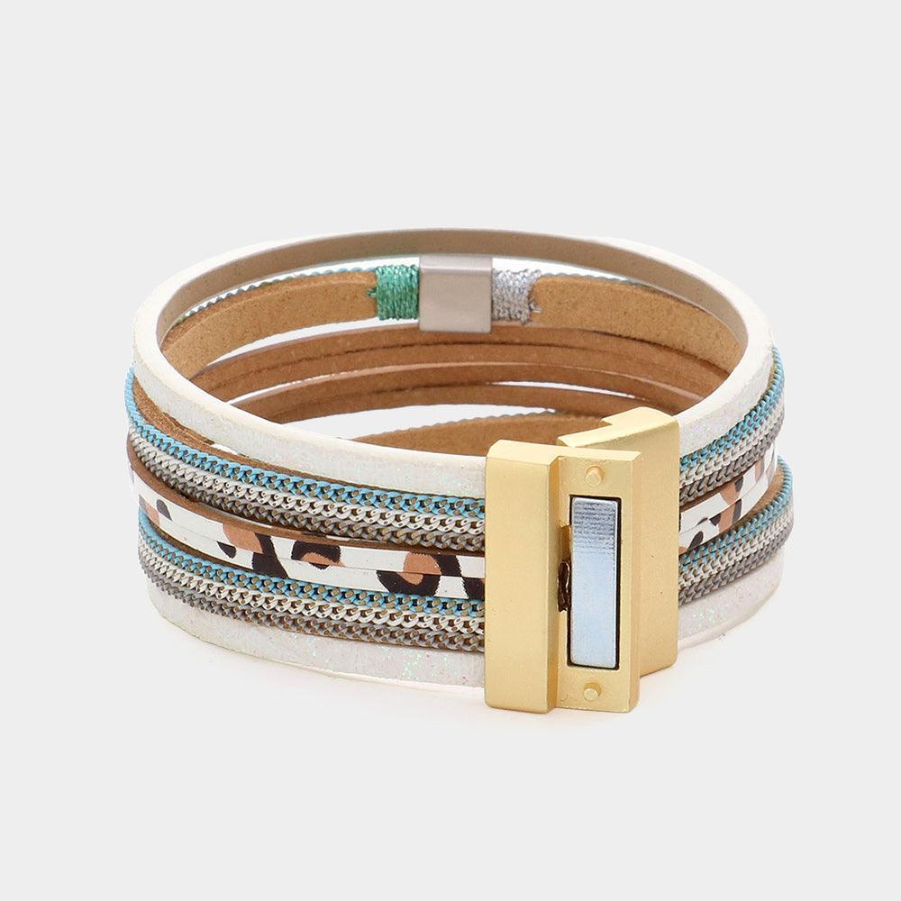 White Square Metal Pointed Faux Leather Magnetic Bracelet - Jewelry Store by Erik Rayo