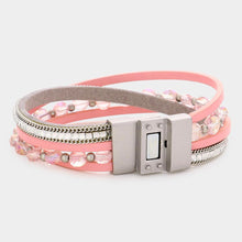 Load image into Gallery viewer, Pink Round Bead Faux Leather Magnetic Bracelet
