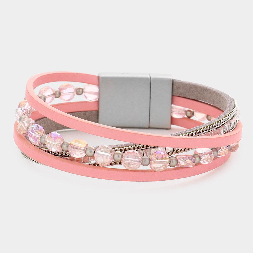 Pink Round Bead Faux Leather Magnetic Bracelet