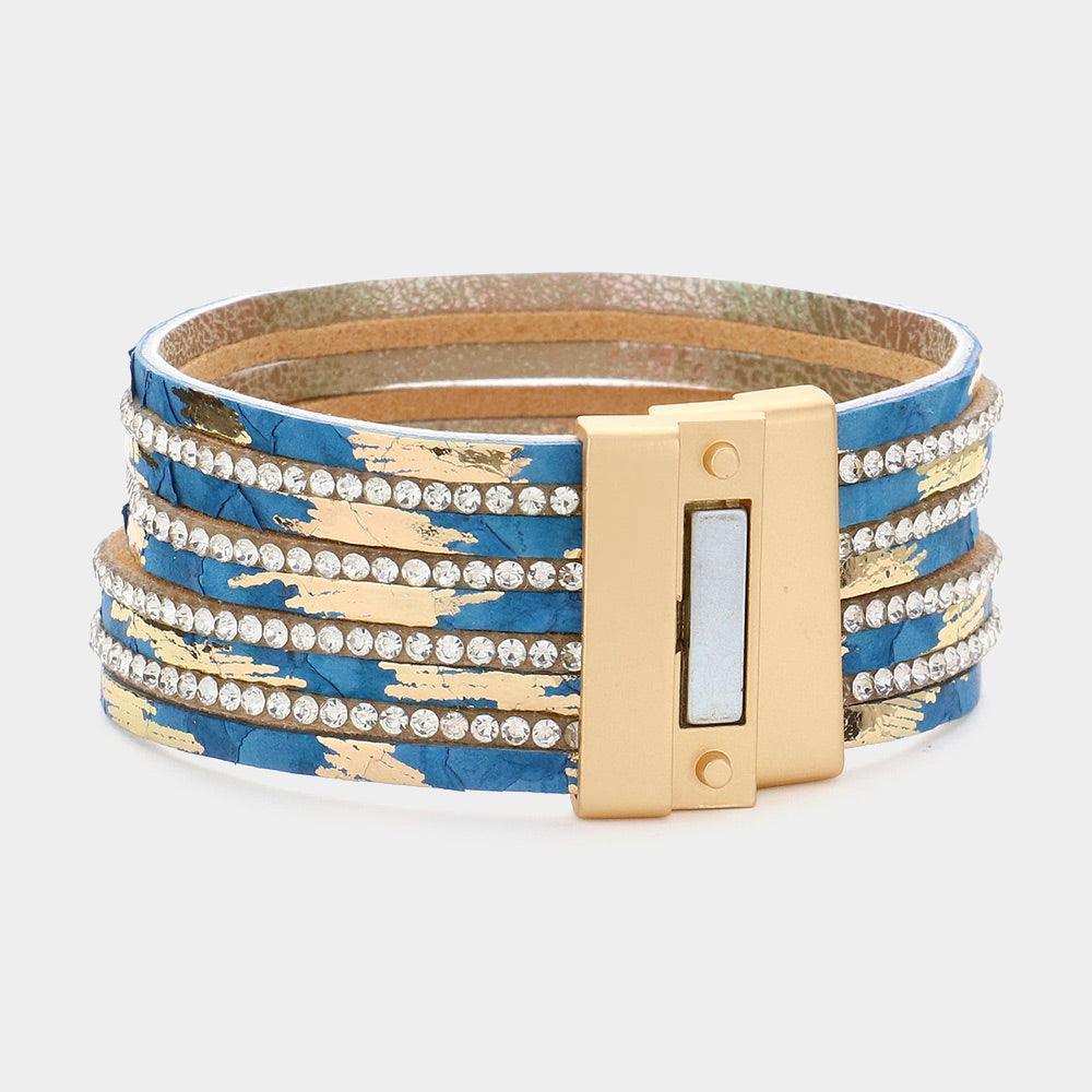 Turquoise Rhinestone Paved Chain Faux Leather Magnetic Bracelet - Jewelry Store by Erik Rayo