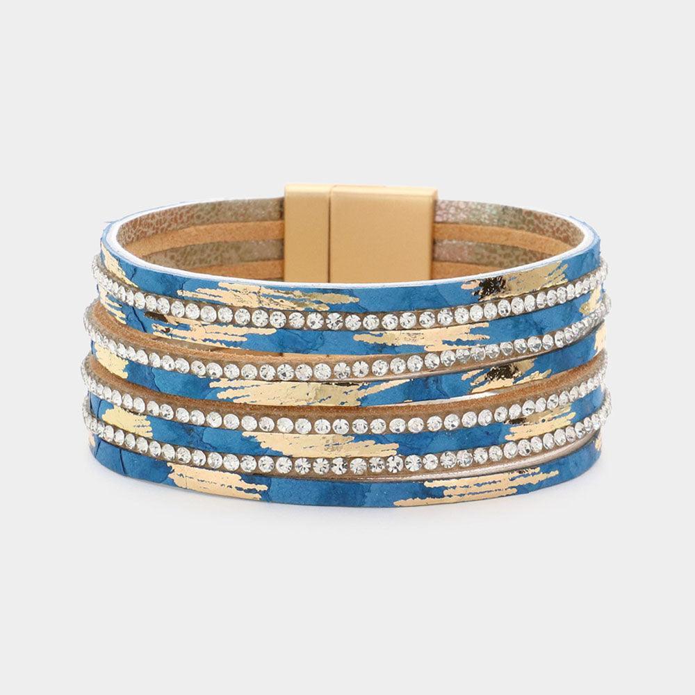 Turquoise Rhinestone Paved Chain Faux Leather Magnetic Bracelet - Jewelry Store by Erik Rayo