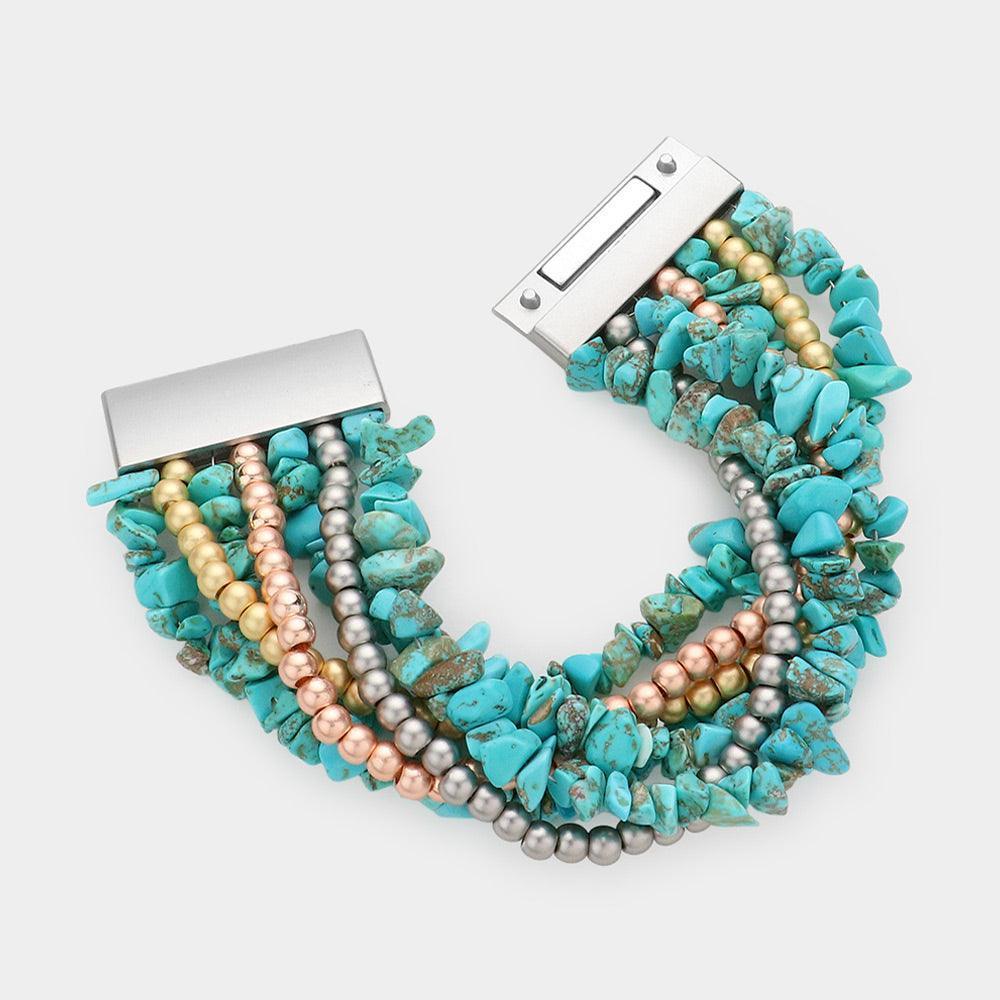 Turquoise Natural Stone Metal Ball Multi Layered Magnetic Bracelet - Jewelry Store by Erik Rayo
