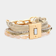 Load image into Gallery viewer, Gold Metal Hardware Pointed Faceted Teardrop Beaded Rhinestone Faux Leather Magnetic Bracelet
