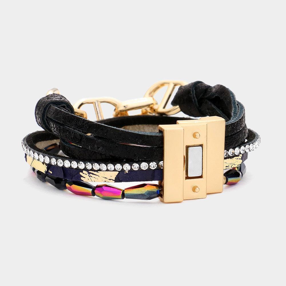Black Metal Hardware Pointed Faceted Teardrop Beaded Rhinestone Faux Leather Magnetic Bracelet - Jewelry Store by Erik Rayo