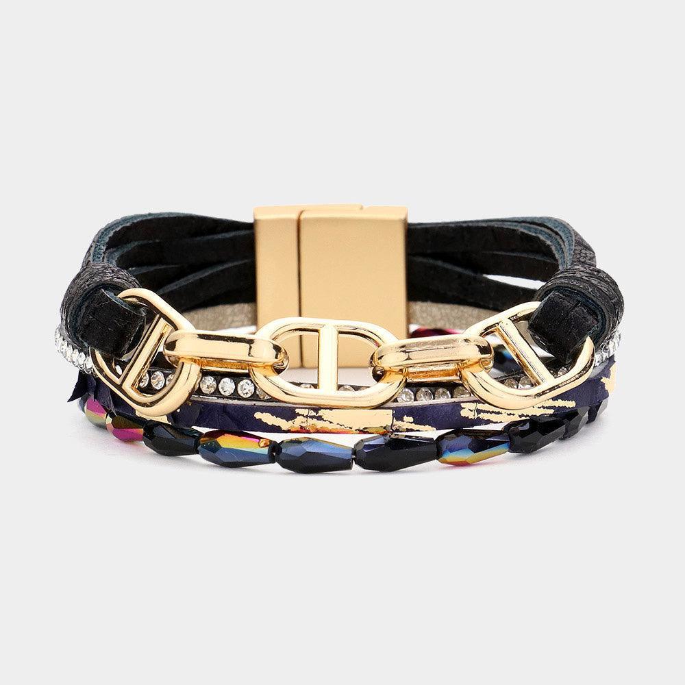 Black Metal Hardware Pointed Faceted Teardrop Beaded Rhinestone Faux Leather Magnetic Bracelet - Jewelry Store by Erik Rayo