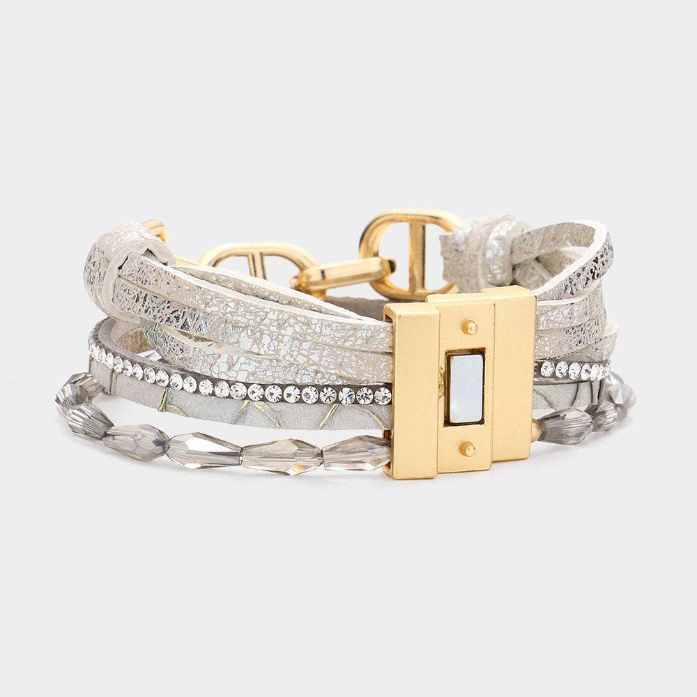 Silver Metal Hardware Pointed Faceted Teardrop Beaded Rhinestone Faux Leather Magnetic Bracelet - Jewelry Store by Erik Rayo