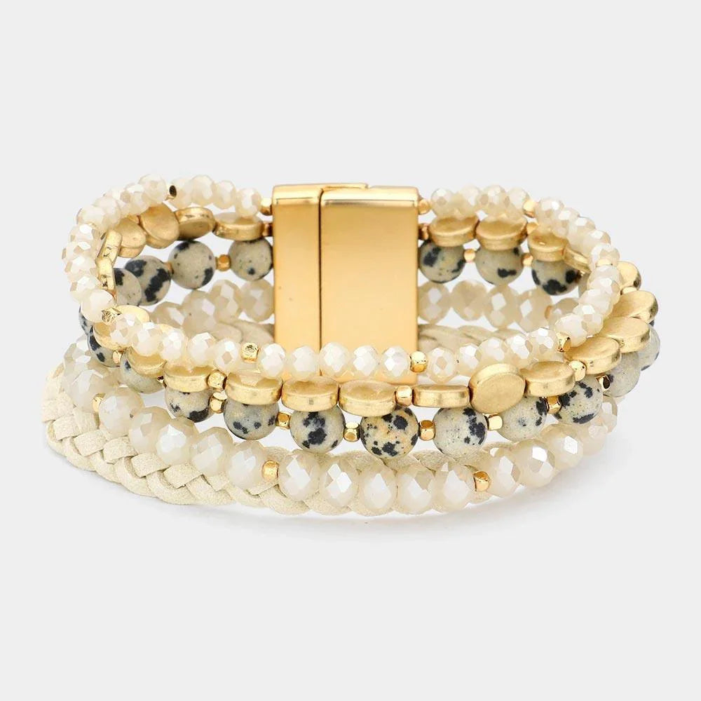 Black Beads Braided Faux Leather Metal Coin Layered Magnetic Bracelet - Jewelry Store by Erik Rayo