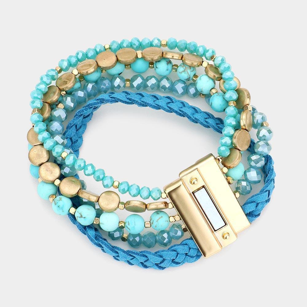 Turquoise Beads Braided Faux Leather Metal Coin Layered Magnetic Bracelet - Jewelry Store by Erik Rayo