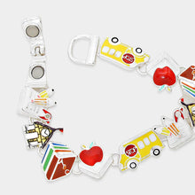 Load image into Gallery viewer, Silver Enamel Apple School Bus Link Magnetic Bracelet
