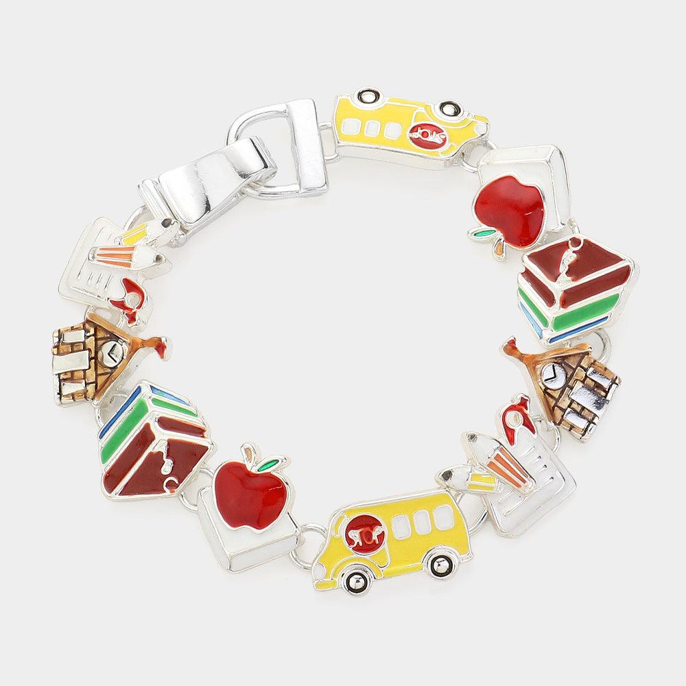 Silver Enamel Apple School Bus Link Magnetic Bracelet