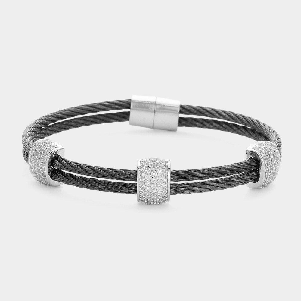Silver CZ Stone Paved Two Tone Textured Metal Magnetic Bangle Bracelet - Jewelry Store by Erik Rayo