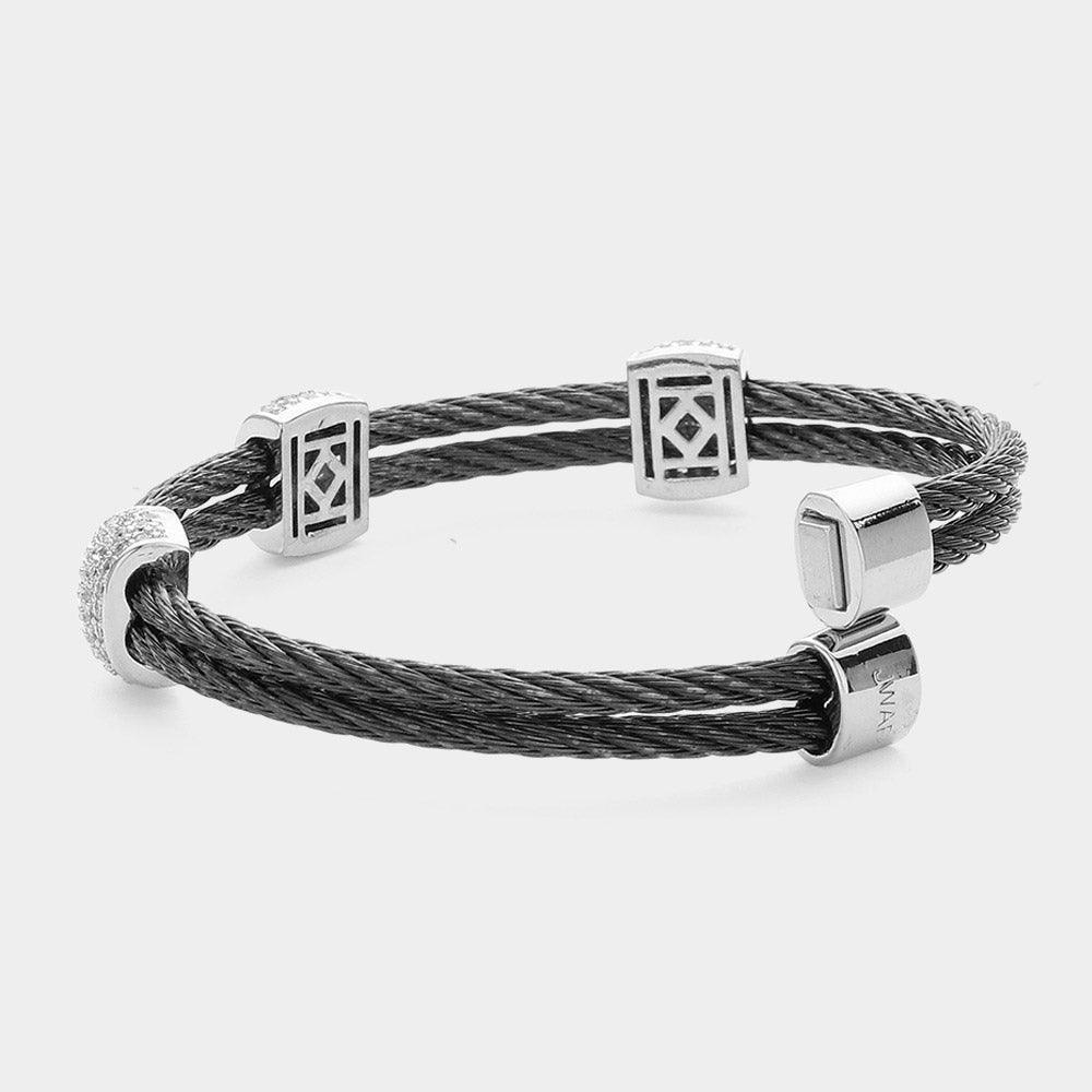 Silver CZ Stone Paved Two Tone Textured Metal Magnetic Bangle Bracelet - Jewelry Store by Erik Rayo