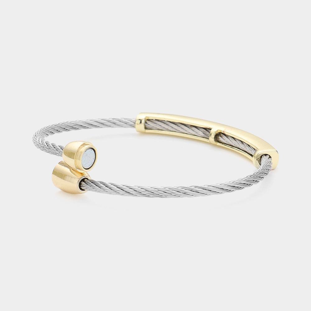CZ Stone Paved Bar Pointed Two Tone Metal Bangle Bracelet - Jewelry Store by Erik Rayo