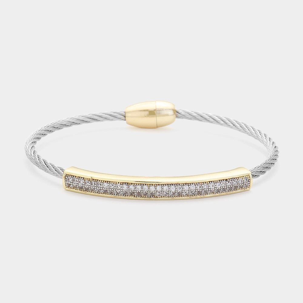CZ Stone Paved Bar Pointed Two Tone Metal Bangle Bracelet - Jewelry Store by Erik Rayo