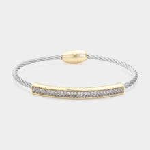 Load image into Gallery viewer, CZ Stone Paved Bar Pointed Two Tone Metal Bangle Bracelet
