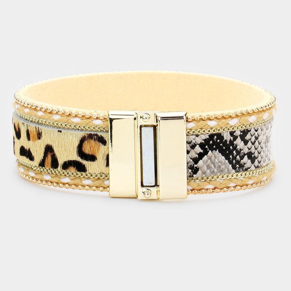 Brown Snake Skin Leopard Pattern Faux Leather Magnetic Bracelet - Jewelry Store by Erik Rayo