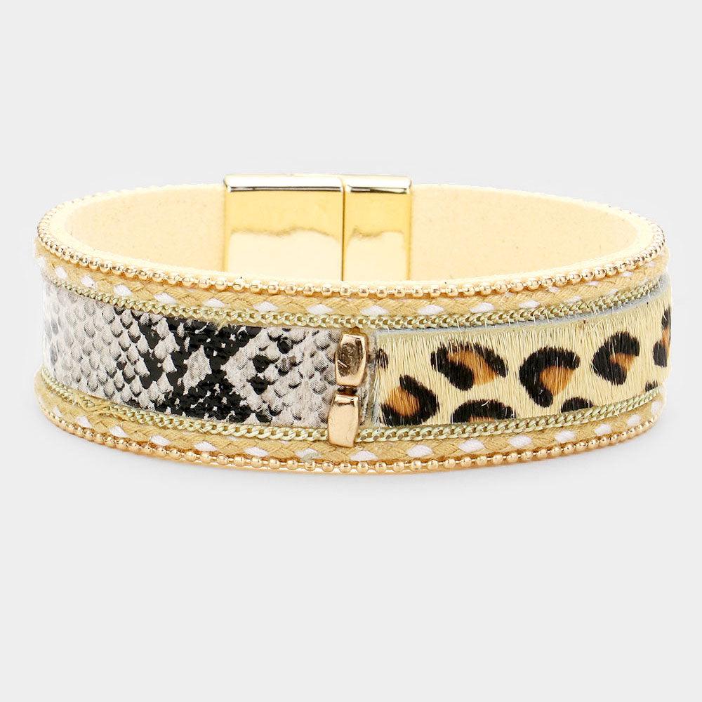 Brown Snake Skin Leopard Pattern Faux Leather Magnetic Bracelet