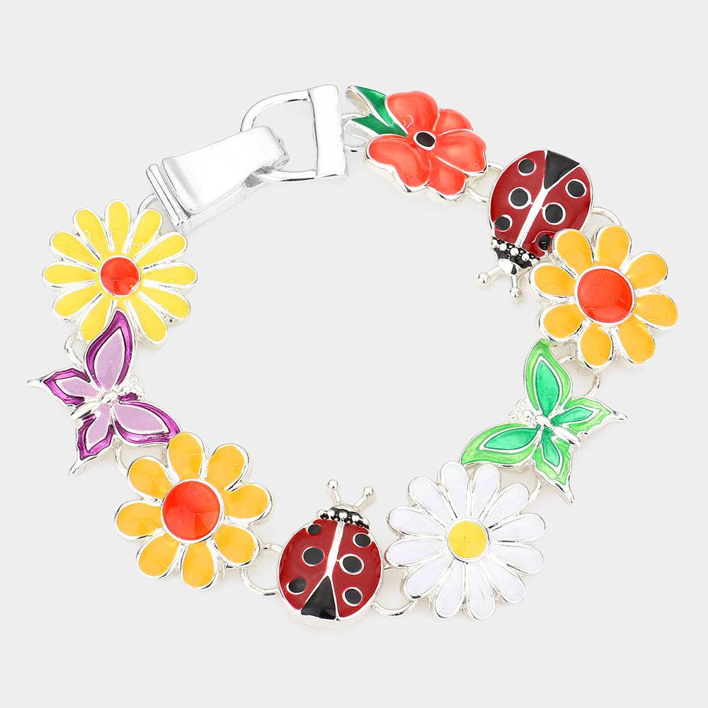 Silver Ladybug Flower Butterfly Link Magnetic Bracelet