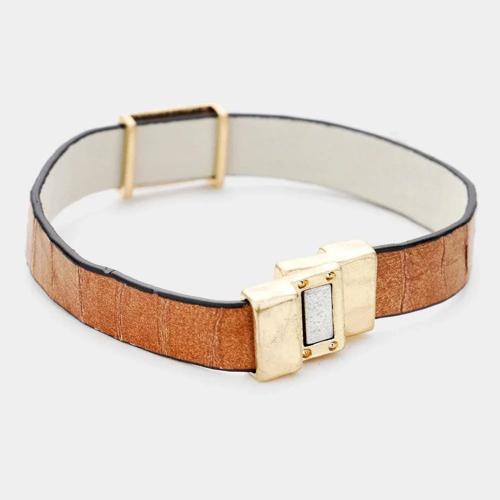 Brown Genuine Leather Metal Lock Charm Magnetic Bracelet - Jewelry Store by Erik Rayo