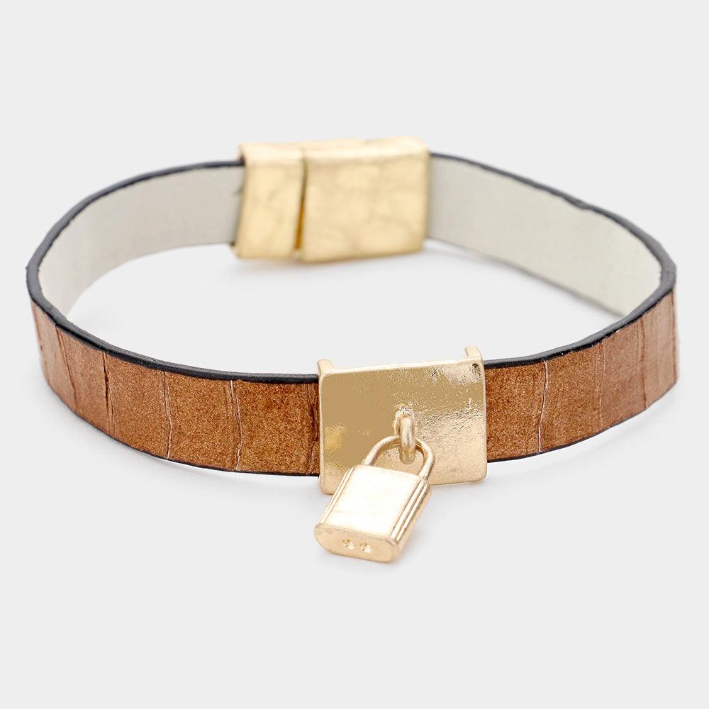 Brown Genuine Leather Metal Lock Charm Magnetic Bracelet