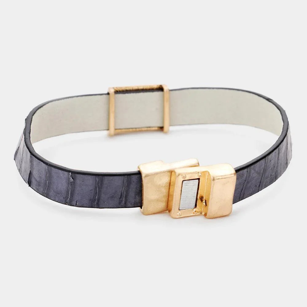 Gray Genuine Leather Metal Lock Charm Magnetic Bracelet - Jewelry Store by Erik Rayo