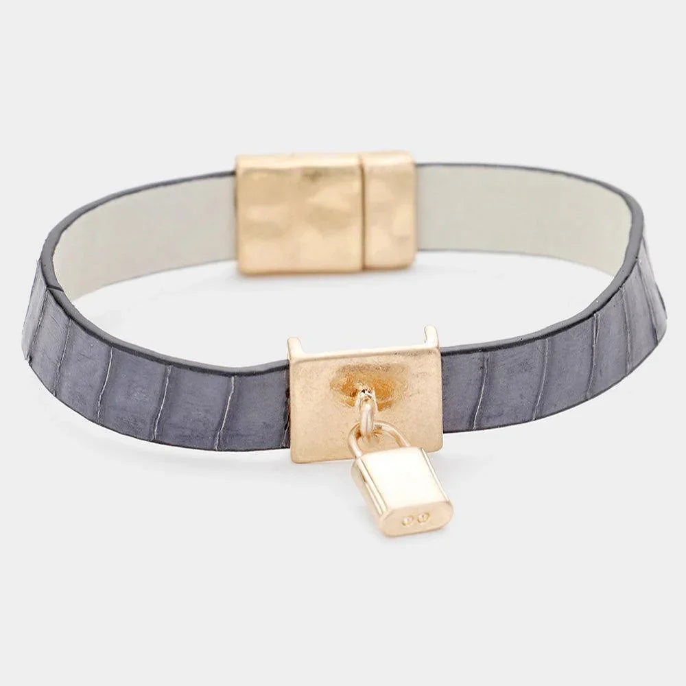 Gray Genuine Leather Metal Lock Charm Magnetic Bracelet - Jewelry Store by Erik Rayo