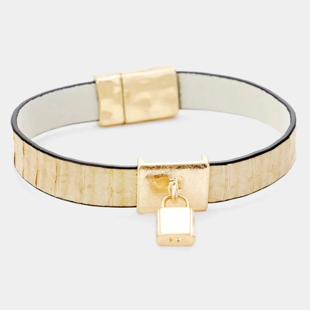Genuine Leather Metal Lock Charm Magnetic Bracelet - Jewelry Store by Erik Rayo