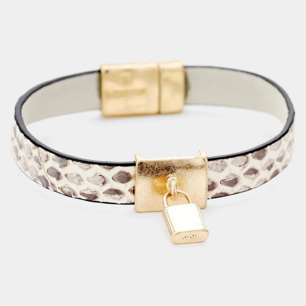 Genuine Leather Metal Lock Charm Magnetic Bracelet - Jewelry Store by Erik Rayo