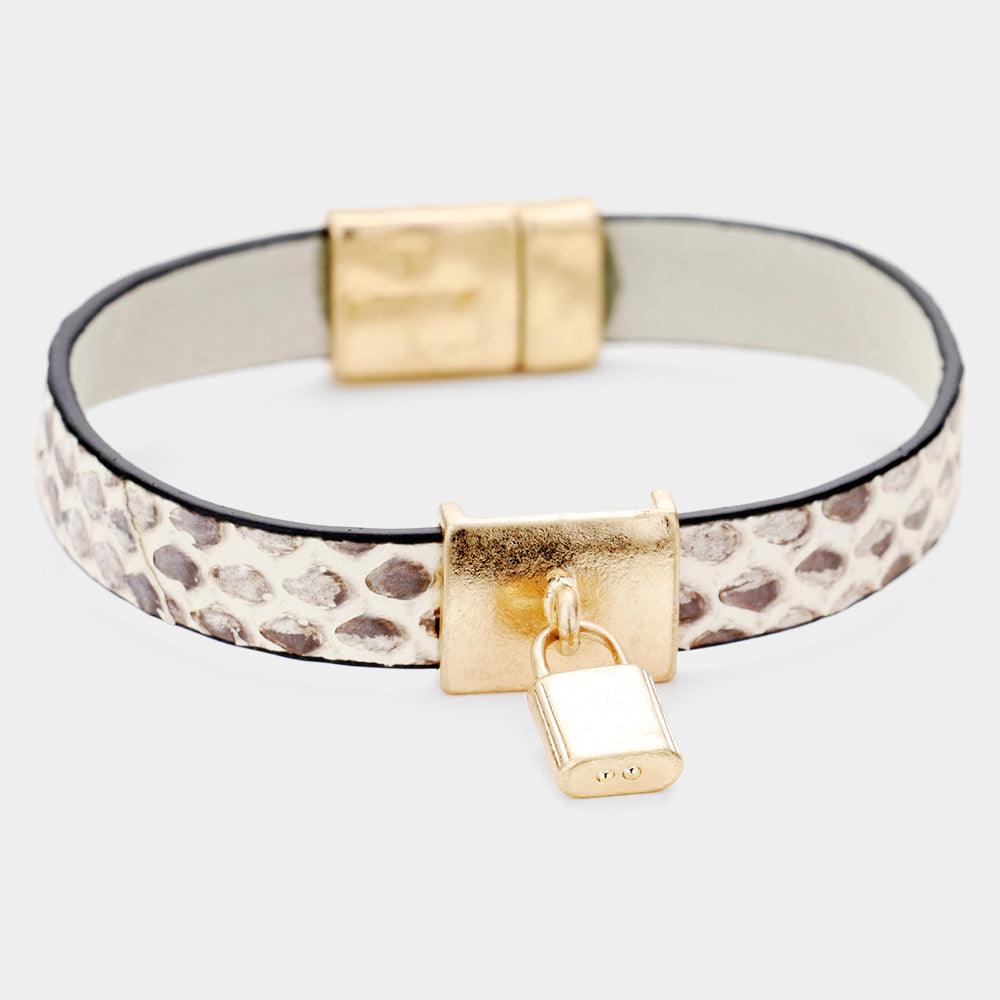 Genuine Leather Metal Lock Charm Magnetic Bracelet