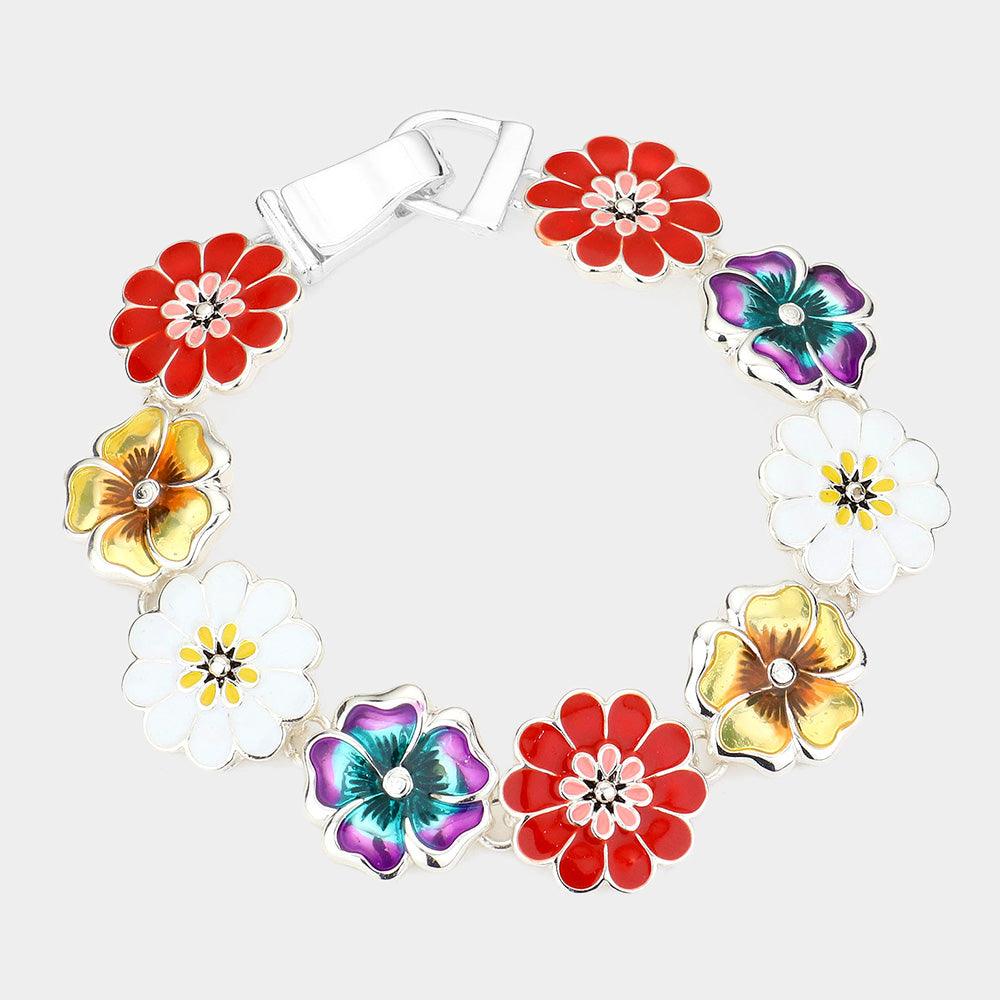 Silver Enamel Flower Link Magnetic Bracelet