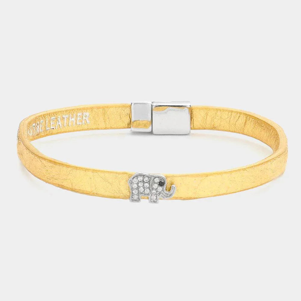 Gold Rhinestone pave elephant genuine leather bracelet - Jewelry Store by Erik Rayo