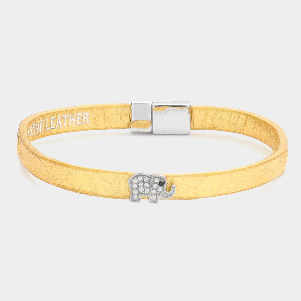 Gold Rhinestone pave elephant genuine leather bracelet