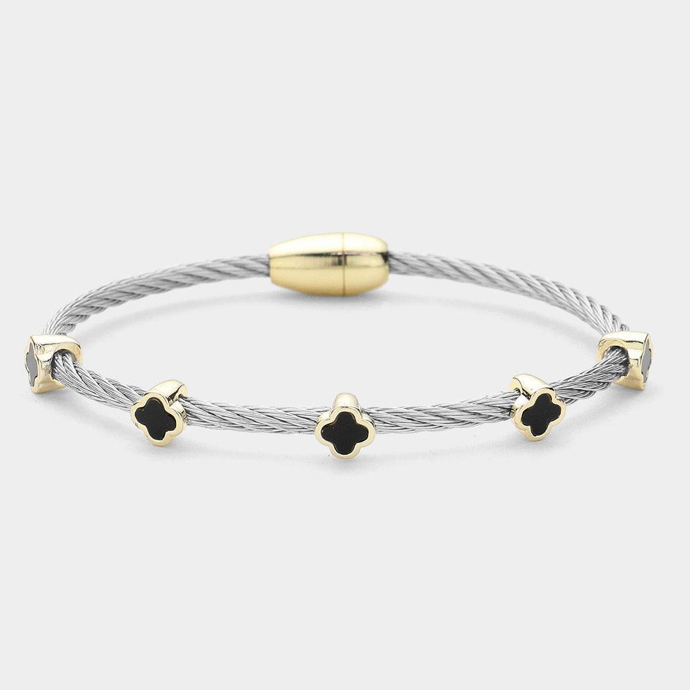 Black Quatrefoil Charm Station Twisted Coil Magnetic Bracelet - Jewelry Store by Erik Rayo
