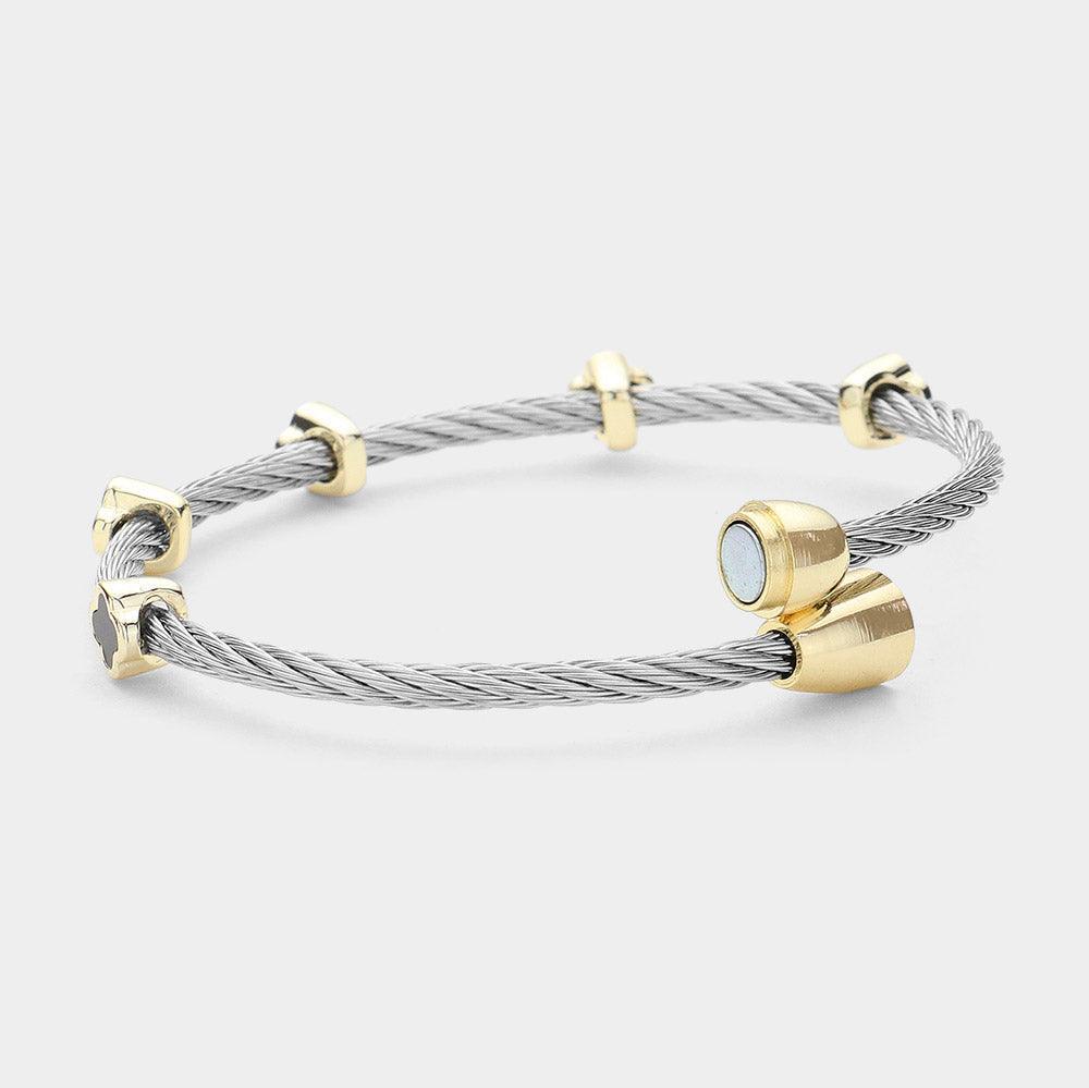 Black Quatrefoil Charm Station Twisted Coil Magnetic Bracelet - Jewelry Store by Erik Rayo