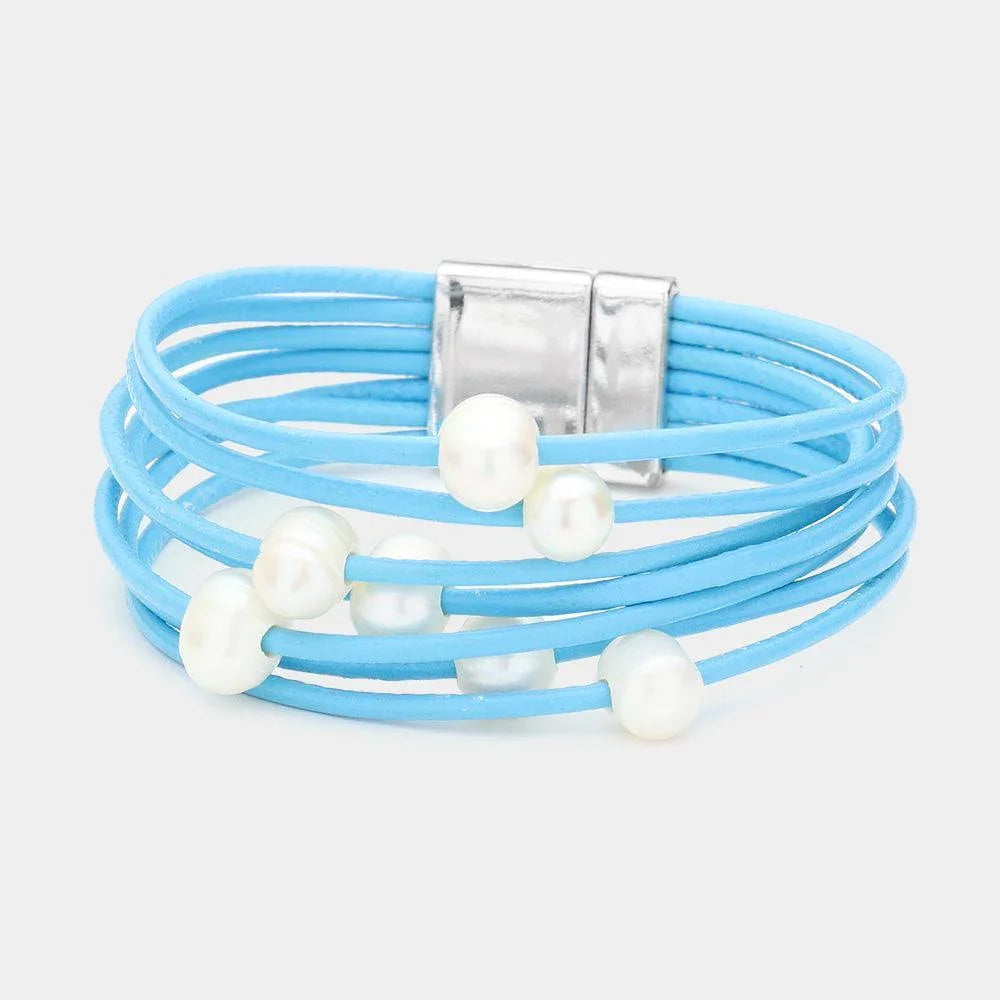 Blue Cord Multi Strand Freshwater Pearl Station Magnetic Bracelet - Jewelry Store by Erik Rayo