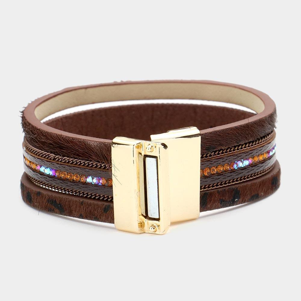 Brown Leopard Patterned Faux Leather Magnetic Bracelet - Jewelry Store by Erik Rayo