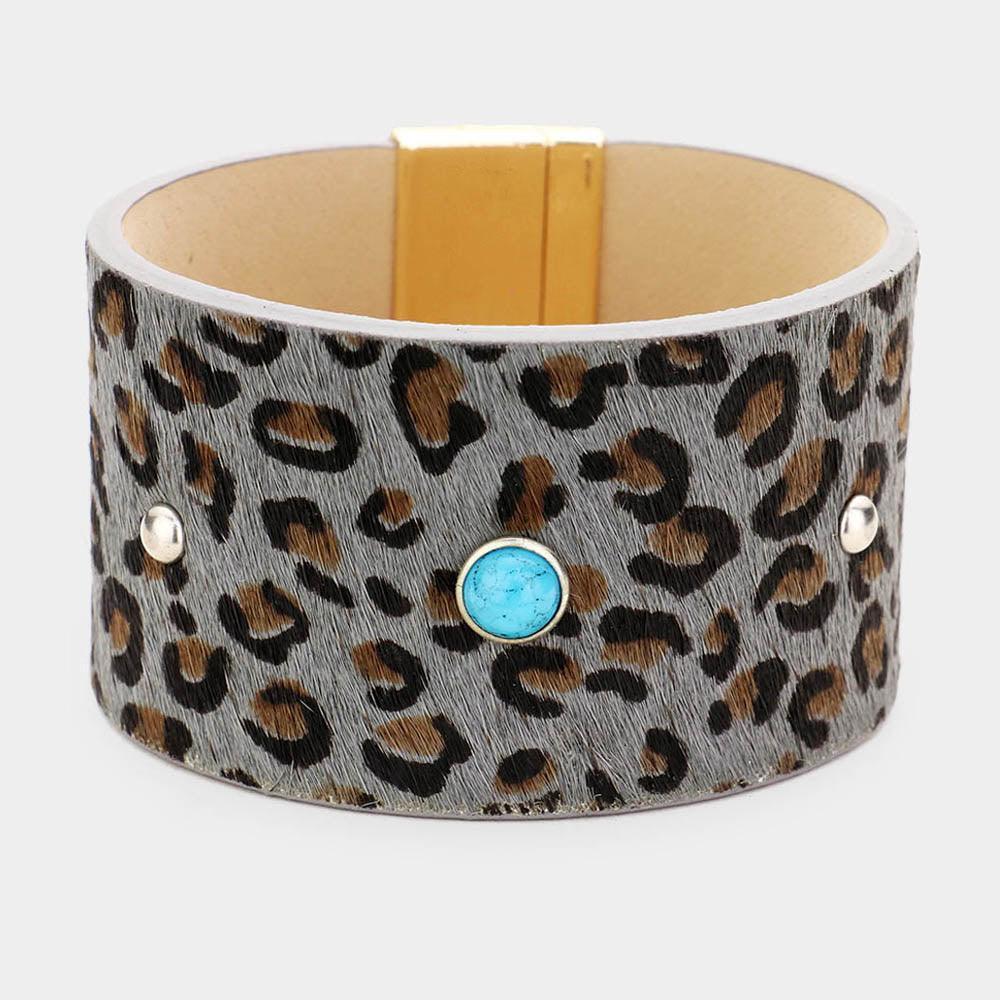 Gray Leopard Leather Turquoise Round Magnetic Bracelet - Jewelry Store by Erik Rayo