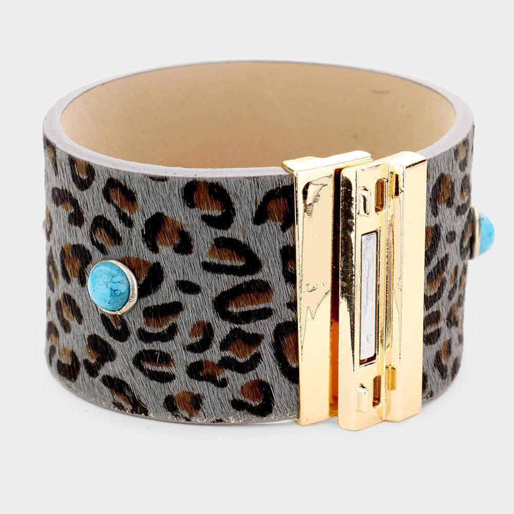Gray Leopard Leather Turquoise Round Magnetic Bracelet - Jewelry Store by Erik Rayo