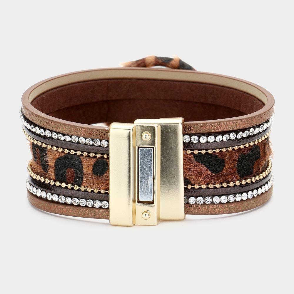 Brown Leopard Patterned Round Accented Faux Leather Magnetic Bracelet - Jewelry Store by Erik Rayo