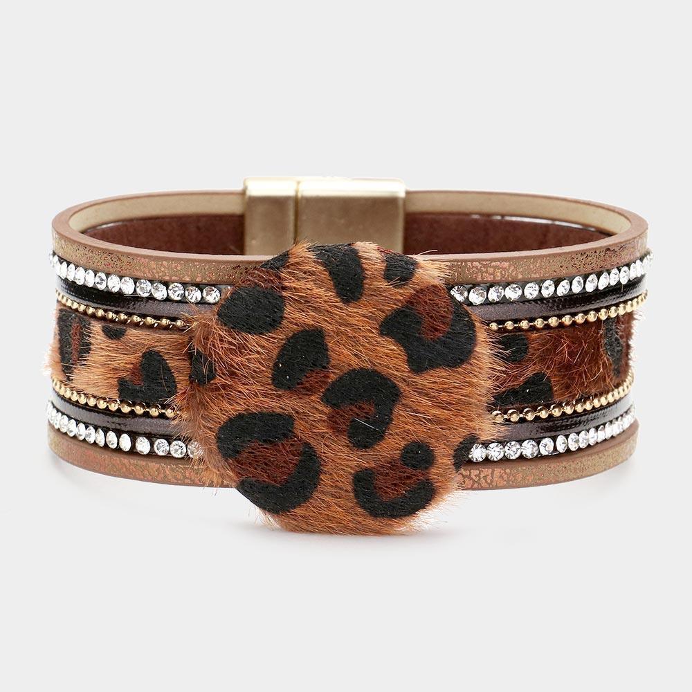 Brown Leopard Patterned Round Accented Faux Leather Magnetic Bracelet - Jewelry Store by Erik Rayo