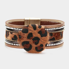 Load image into Gallery viewer, Brown Leopard Patterned Round Accented Faux Leather Magnetic Bracelet
