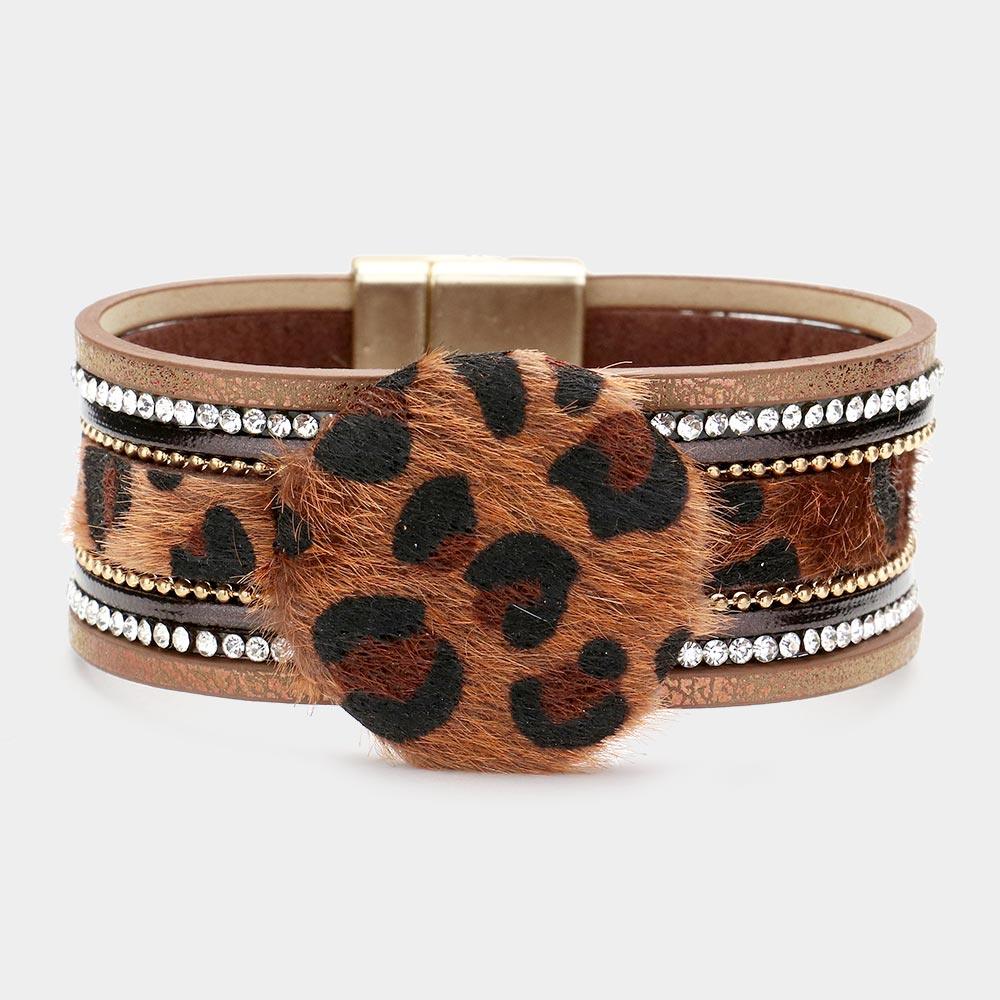 Brown Leopard Patterned Round Accented Faux Leather Magnetic Bracelet