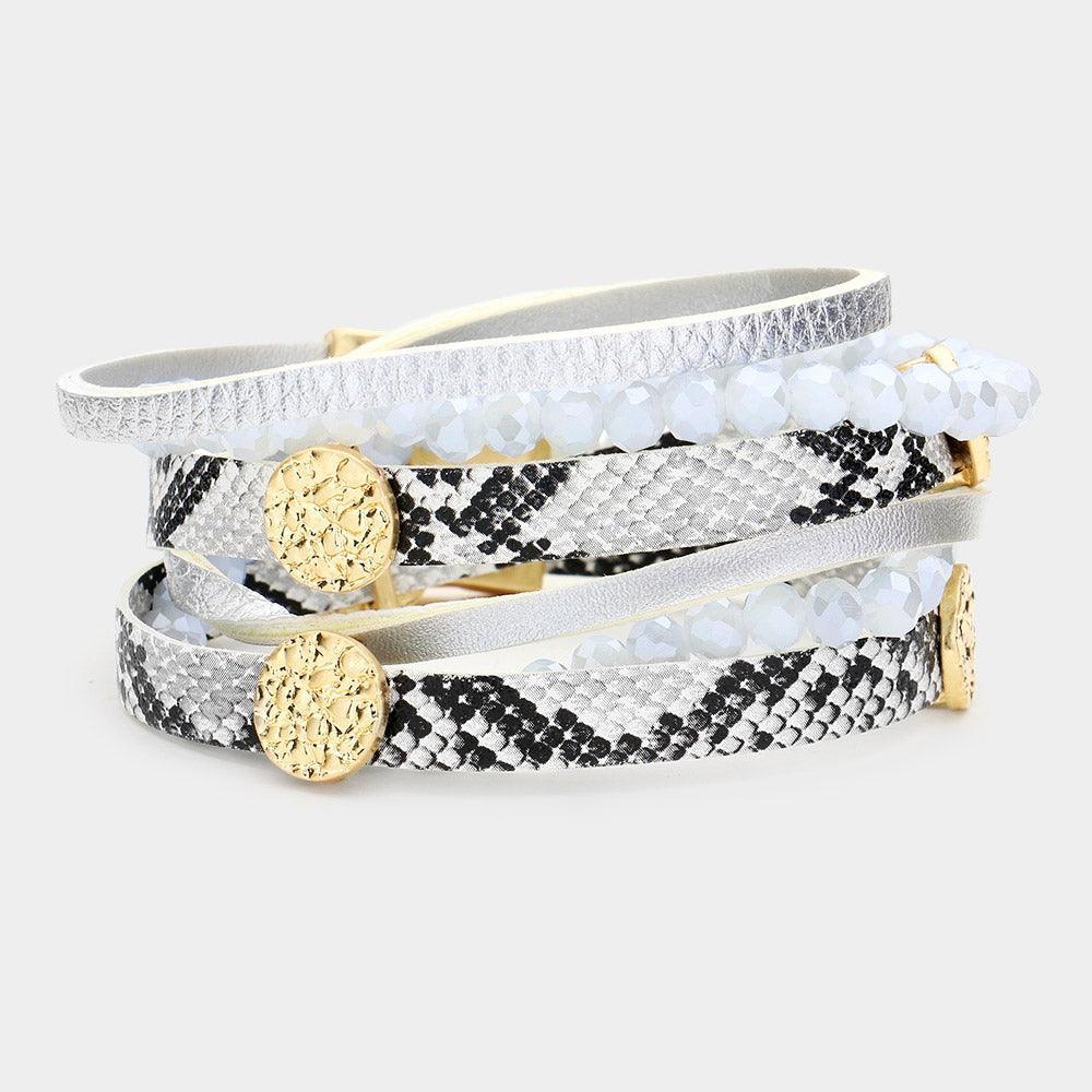 Gray Snake Skin Faux Leather Faceted Beaded Magnetic Bracelet - Jewelry Store by Erik Rayo