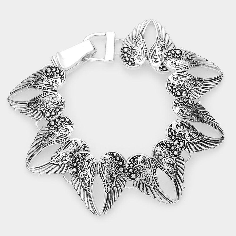 Silver Antique Metal Wings Link Magnetic Bracelet