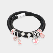 Load image into Gallery viewer, Pink Faux Leather Pink Ribbon Theme Charms Wrap Bracelet
