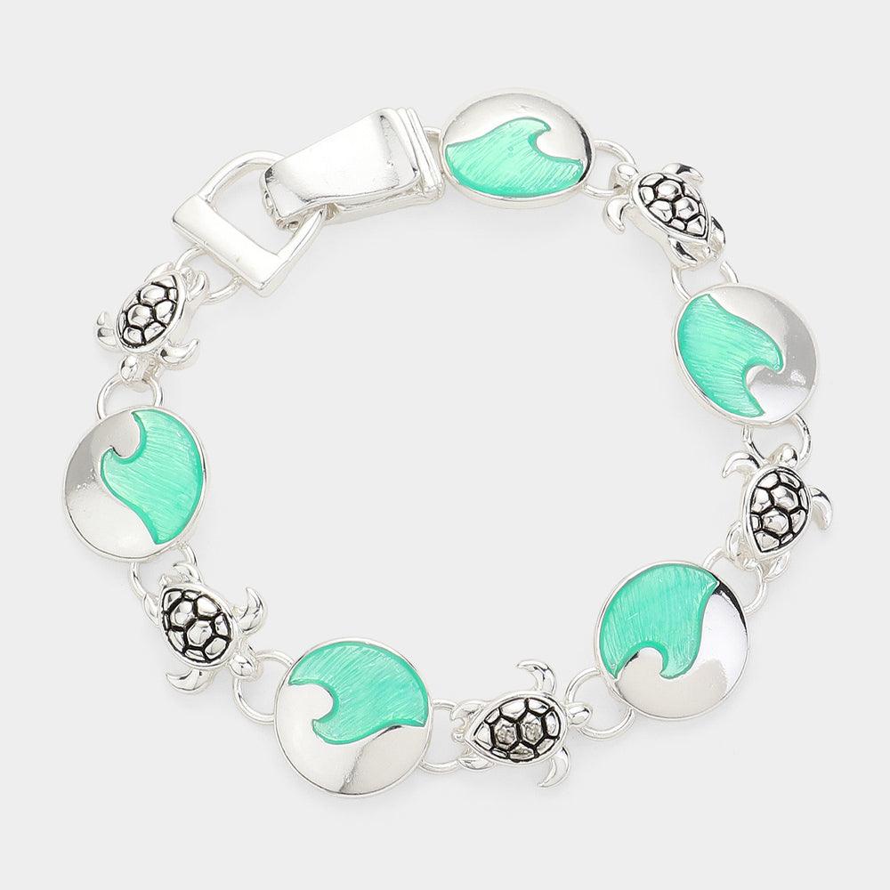 Turquoise Sea Glass Metal Turtle Link Magnetic Bracelet