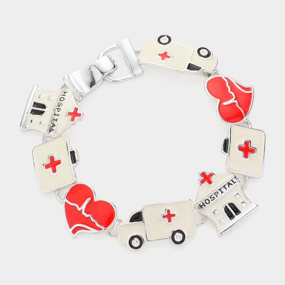 Silver Hospital Enamel American Red Cross Metal Magnetic Bracelet